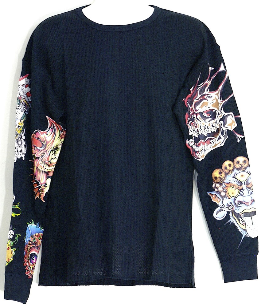 New Thermal Light Weight T-Shirt Tatoo Graphic Design Sleeves In M-4XL Skulls
