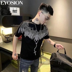 New Fashion Wings Trend Rhinestone Summer Short Sleeve Luxury Men Cotton T-Shirt