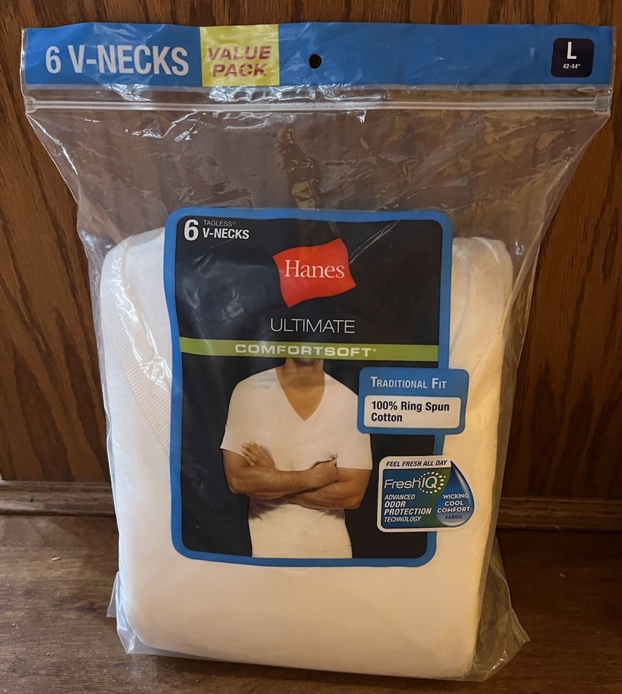 Hanes Ultimate Men’s 6 Pack FreshIQ V-Neck Tee, White Size Large