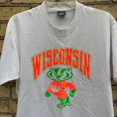 Wisconsin Badgers Vtg Men’s L Neon Green Orange Single Stitch White T-Shirt USA