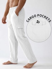 Men’s Casual Linen Cargo Pants Pockets Lightweight Elastic Waist Drawstring