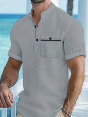 Mens Cotton Solid Color Shirt Stand Collar Casual Business Summer Beach Fun Gift