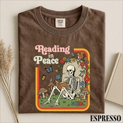 Reading in Peace Shirt Skeleton Book Lover Funny Halloween Reader Unisex Tee
