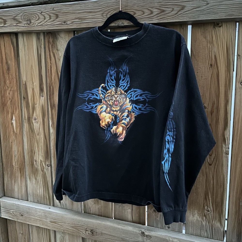 Vintage Y2K JNCO Tiger Tribal Flames Longsleeve Shirt Dark Blue Fits M/L 21×26