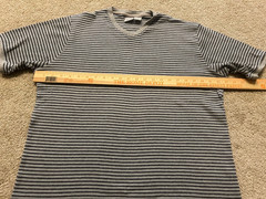Vintage Utility Wear Knit V Neck Mens Blue and Gray Striped Ribbed Shirt Sz L