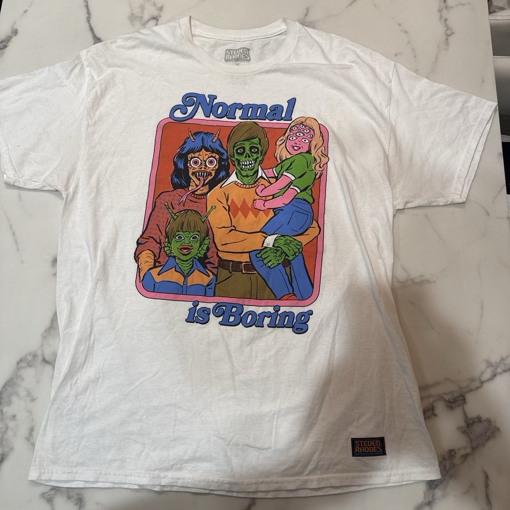 Steven Rhodes Normal Is Boring White Graphic TShirt Retro Monster Family Size XL