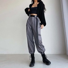 High Waist Solid Color Large Pocket Cargo Pants Women Loose Bundle Foot Ribbon