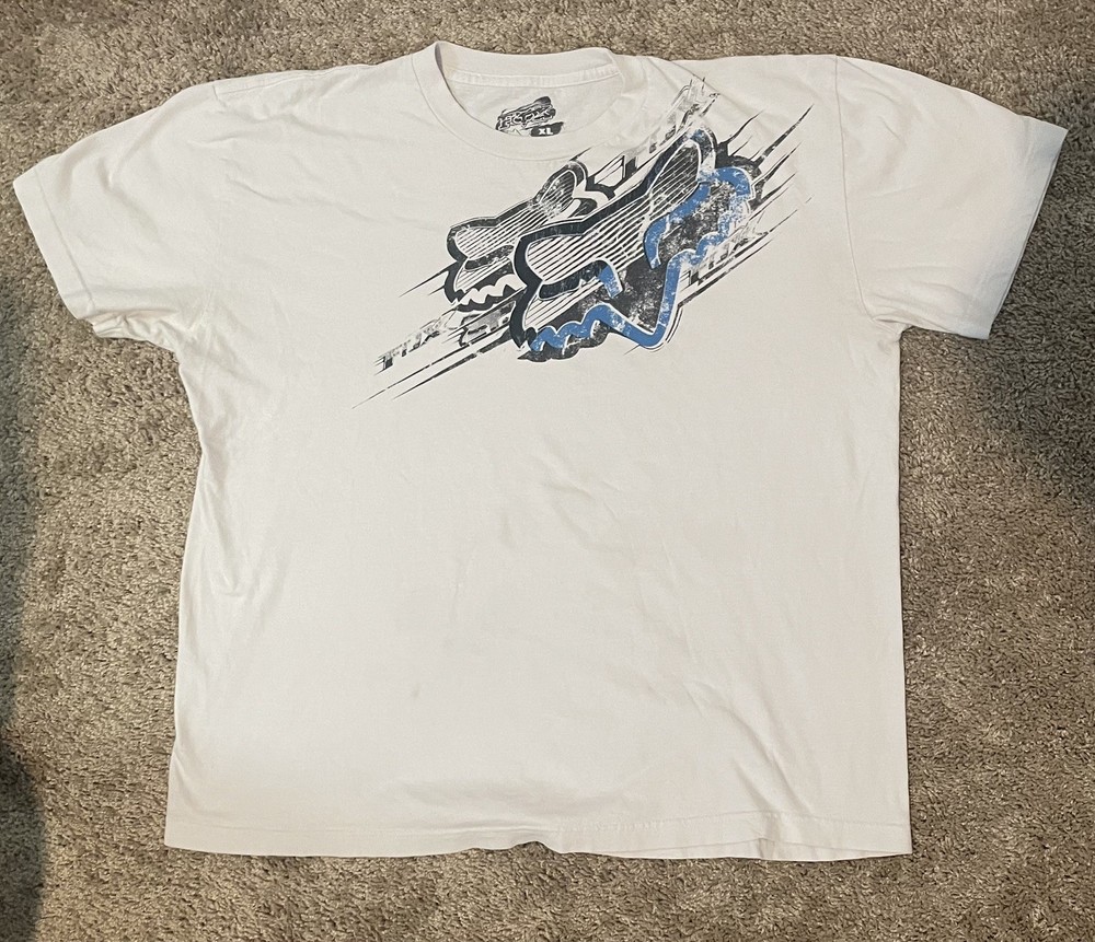 Vintage Y2K Skate Fox Racing T-Shirt White Graphic Print Tribal Grunge Aesthetic