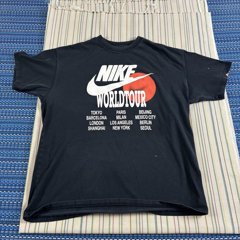 Nike World Tour Shirt Mens Large Black City List Swoosh Graphic Tee Beaverton