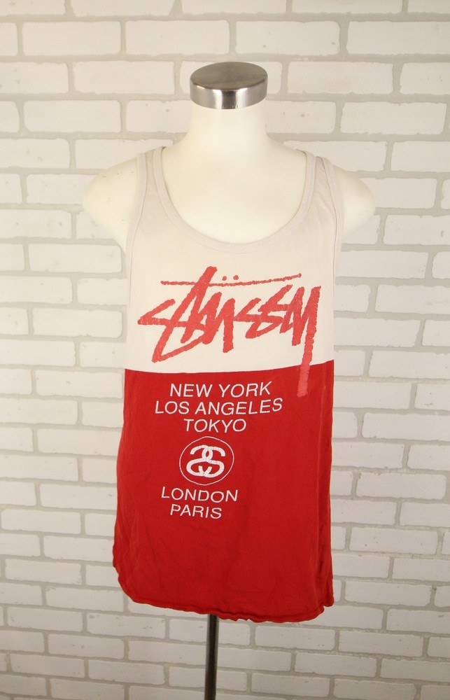 Stussy World Tour Tank Top T-Shirt M 40″ Chest READ Bleached Spots Hole Cracking