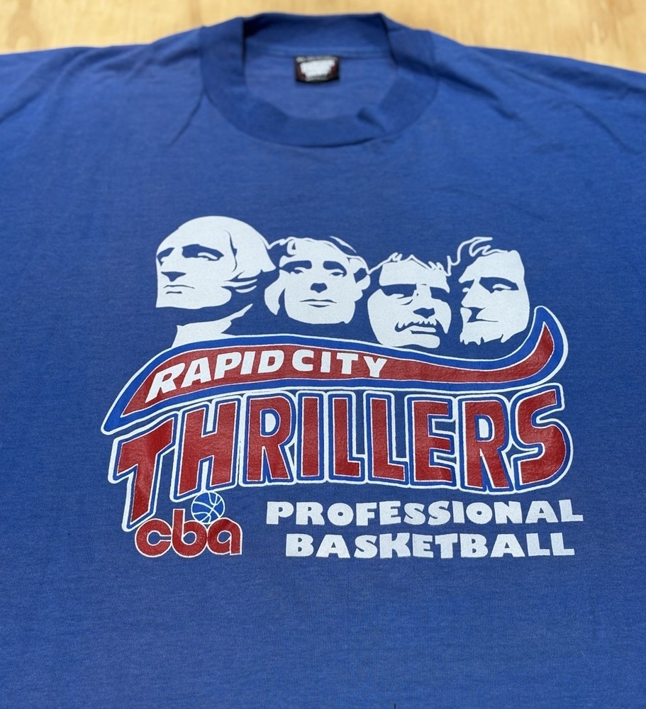 Rapid City Thrillers T-Shirt Screen Stars Vintage 80s CBA Basketball Mt Rushmore