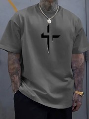 Men T Shirt 100% Cotton Round Neck Short Sleeve Cross Print Plus Size Loose Fit