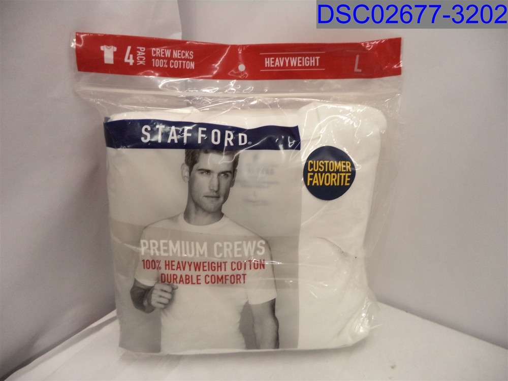 Qty= 4 (1 Pack of 4) Stafford Men’s White Crew Neck Tshirts, Size= Large,