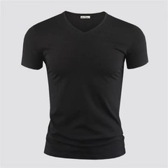 Men T Shirt Black Cotton Short Sleeve V Collar Slim Fit Comfortable Streetwear