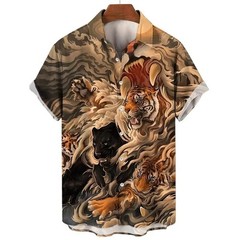 Mens Button Down Japanese Tiger Skull Print Hawaiian Top Novelty Summer Shirt