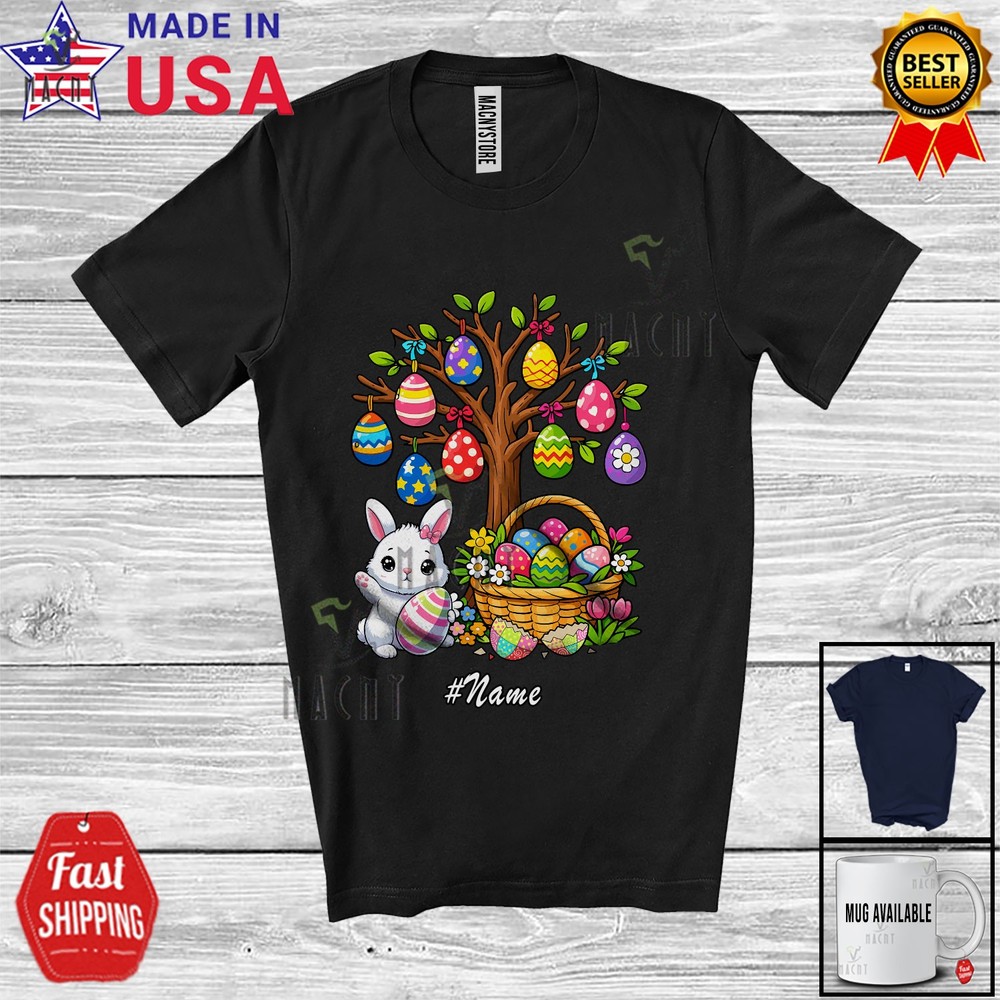 Custom Name Bunny With Easter Eggs Tree; Lovely Eggs Hunting Flower Family Shirt