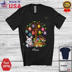 Custom Name Bunny With Easter Eggs Tree; Lovely Eggs Hunting Flower Family Shirt