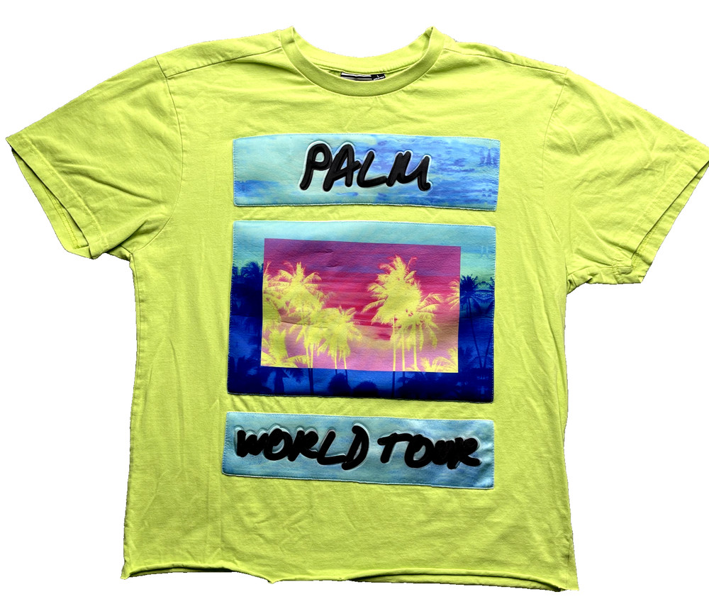 Vintage Akademiks Shirt Mens Large Hi-Vis Yellow Puff Print Palm World Tour Y2K