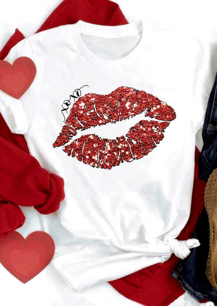 Red Lips 3D Short Sleeves White T Shirt Tee Valentine’s Day Gift Girlfriend Wife