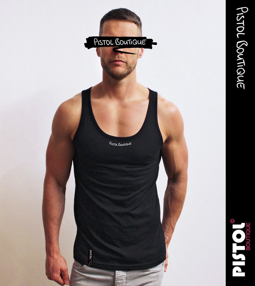 Pistol Boutique Men’s Black Plain Blank Neck Logo Print Single Tank Vest Top