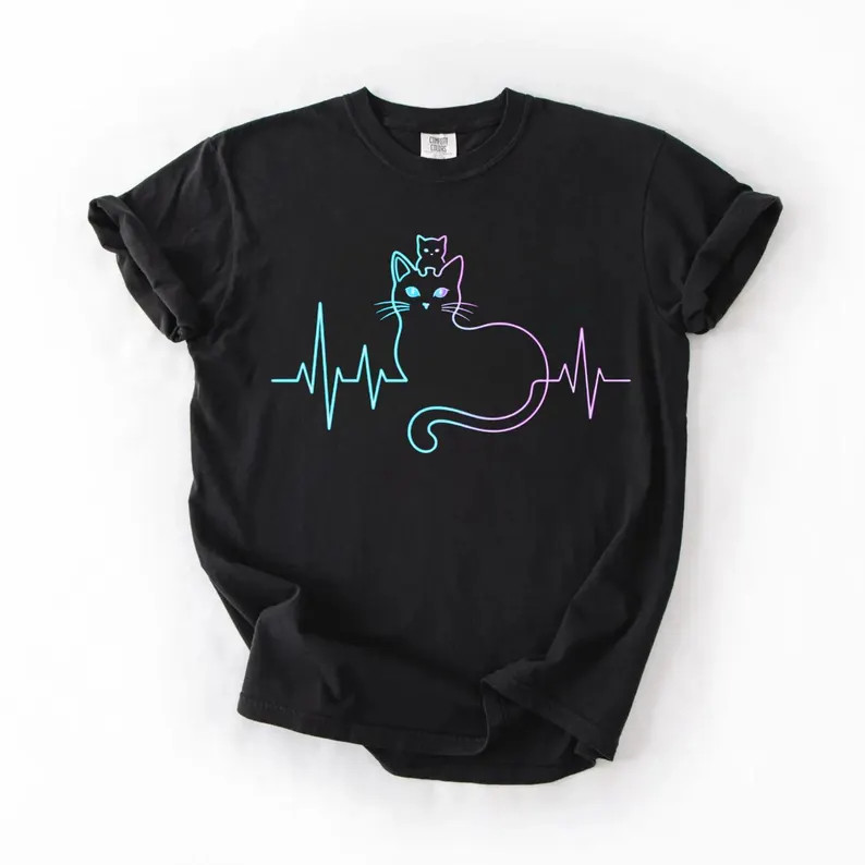 Cute Heartbeat Cat Lover Comfort Tee Pet Owner Soft Cotton