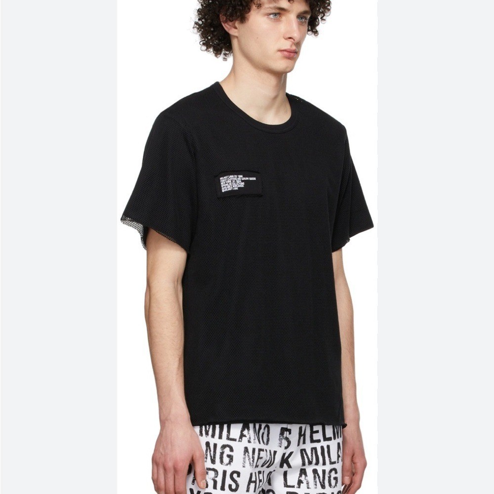 Helmut Lang Mens Black Mesh Short Sleeve T-Shirt Logo Streetwear Size XL