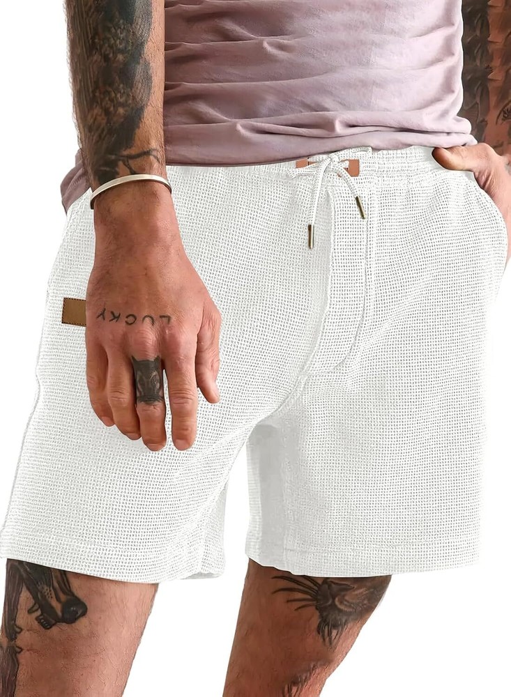 JMIERR Men’s Casual 5″/ 7″ Shorts Waffle Elastic Waist Medium, 03 White