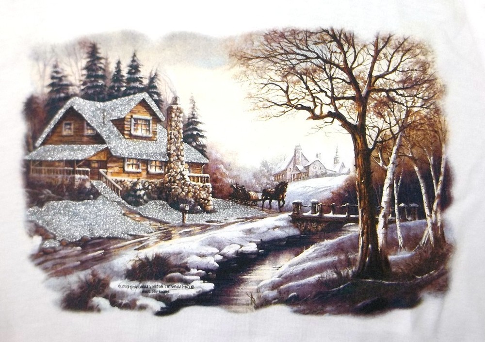 Winter Scene Shirt, Country Snow – Cottage, Horse & Carriage – Small – 5X