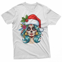 Christmas Sugar Skull Art Woman Santa Hat Festive Design T-Shirt