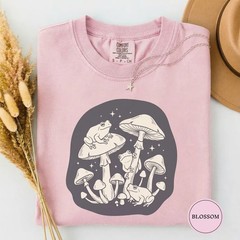 Frogs Mushrooms Line Art Comfort Tee Nature Aesthetic Toad Fungi