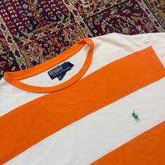 VTG Rare 90s Polo Ralph Lauren Orange White Striped Pique Cotton T-Shirt L Pony