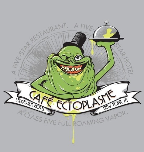 The Real GHOSTBUSTERS Cafe Ectoplasme SLIMER T-SHIRT TeeVillain 2 Movie Cartoon