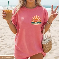 Retro Sun Waves Pocket Print Shirt Vintage Coastal Aesthetic Boho Tee