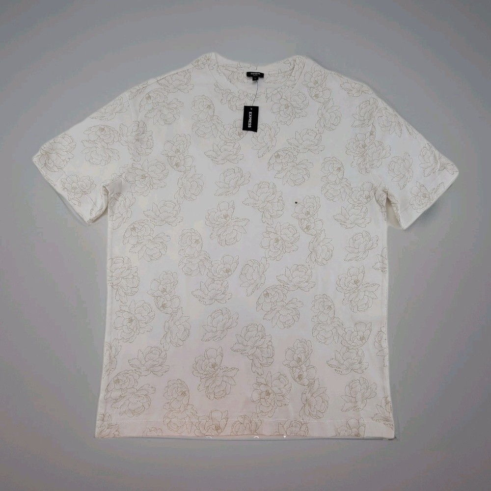 Express Men’s Relaxed Fit T Shirt White Beige Floral Print Size M Cotton