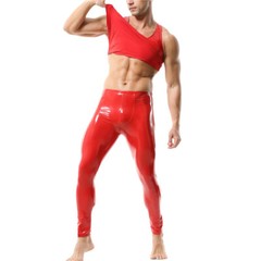 Men’s Sexy Pvc Leather Top Pants Set Shiny Latex Vest Tank Tops Club Tight Pants