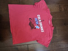 American Eagle Outfitters Cold Drinks Here Print Red Shirt Sz L (STAIN & DIRTY)
