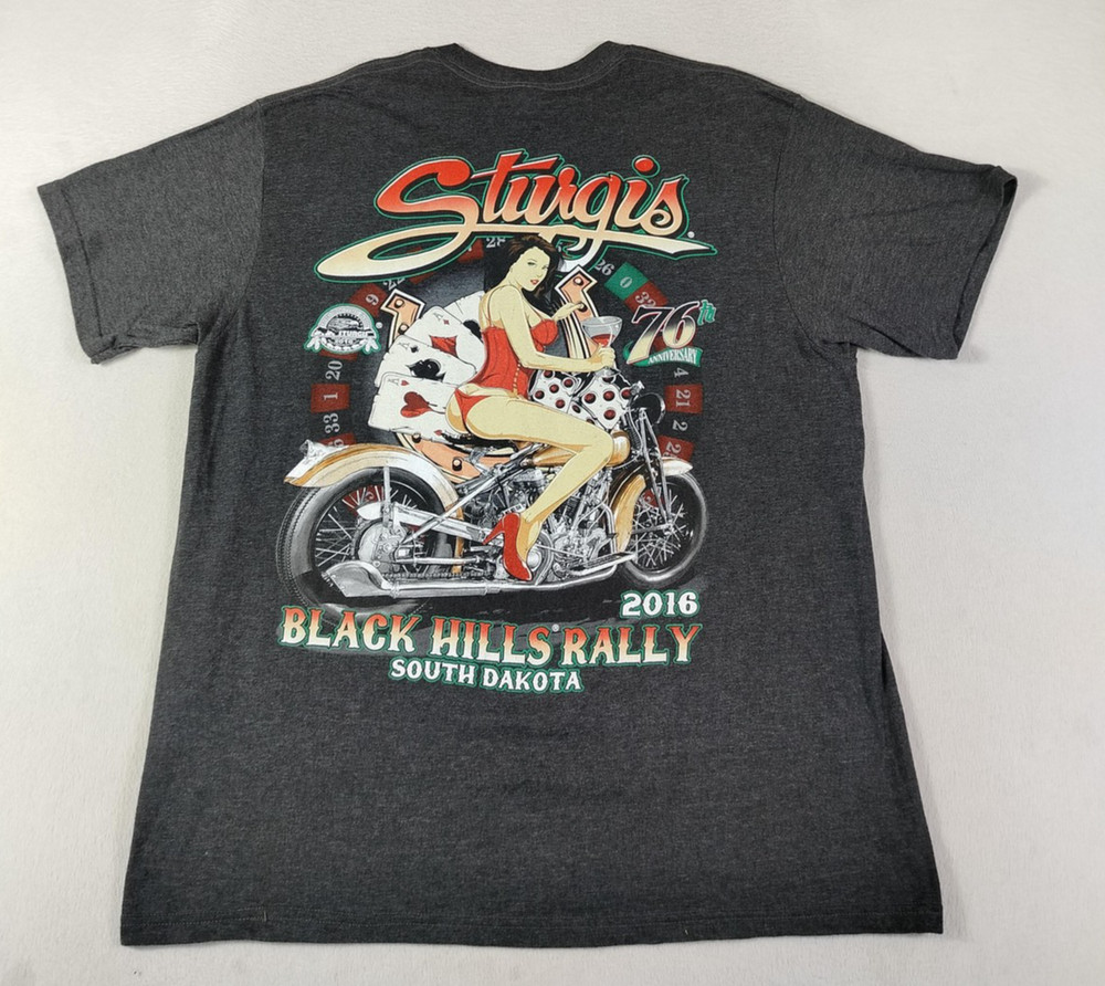 Sturgis Black Hills Rally Shirt Mens XL Gray SUNA 2016 Biker Casino Pin Up Bike