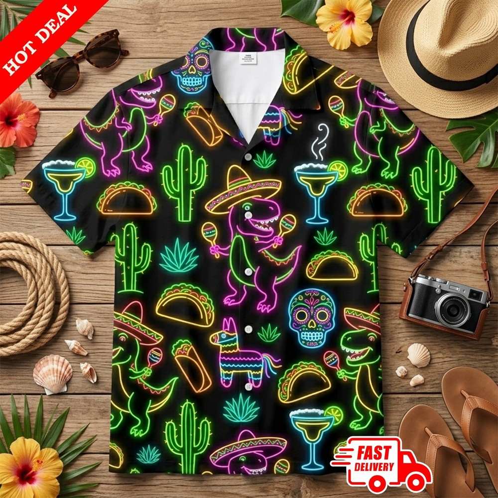 Mens Neon Dinosaur T-Rex Stegosaurus Hawaiian Shirt Aloha Button Down Black Top