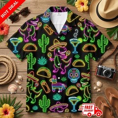 Mens Neon Dinosaur T-Rex Stegosaurus Hawaiian Shirt Aloha Button Down Black Top
