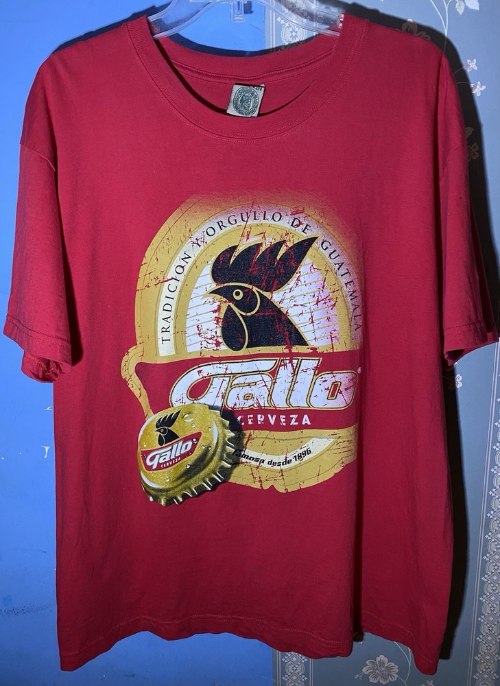 Gallo Cerveza Shirt Mens XL Red Guatemala Beer Graphic Souvenir Tee Tzol Kin