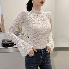 Women Long Sleeves Blouse Turtleneck T-shirt Stretch Lace Bottoming Tops