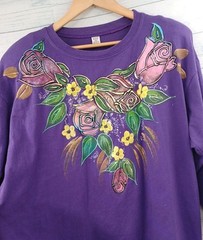 Vtg 3D Hand painted Floral Roses Purple T Shirt One Size