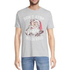 Holiday Time Men’s Santa Don’t Stop believing Graphic Tee Light Grey classic top