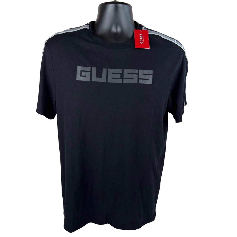 Guess Mens Alex SS Logo Tee Jet Black Tape T-Shirt T5BI70KBIV0 Medium NEW