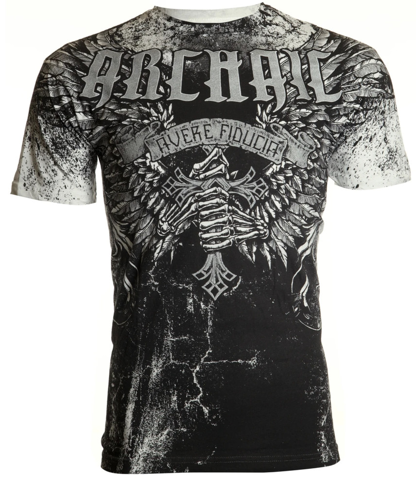 Archaic By Affliction Men’s T-Shirt HOLYMAN Black Cross Skull Biker M-3XL