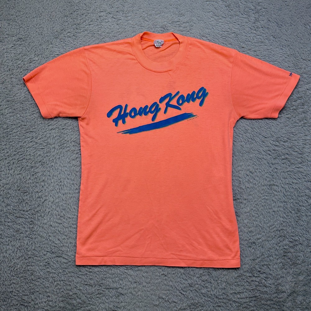 Vintage 90s Single Stitch Hong Kong Shirt Mens M Fluorescent Orange Tee Dim Sum