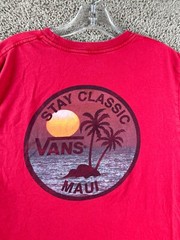 Vans Shirt Mens Large Red Blue Hawaiian Maui Sunset Palm Island Casual FLAW