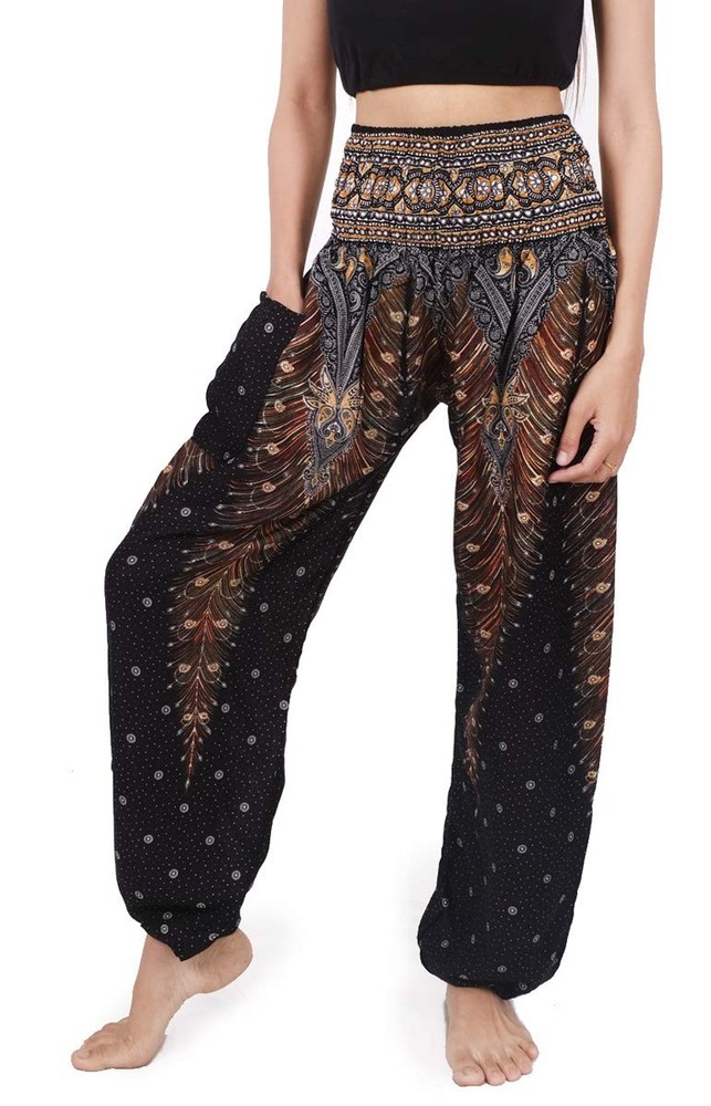 ‘s Smocked Waist Harem Hippie Boho Yoga Palazzo Casual Pants (M,Peacock Black)
