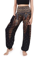 ‘s Smocked Waist Harem Hippie Boho Yoga Palazzo Casual Pants (M,Peacock Black)