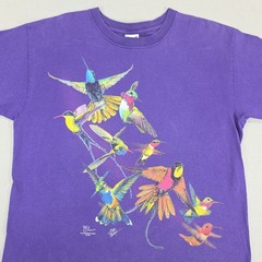 Vintage Hummingbird Shirt Mens Medium Purple Double Sided Wild Cotton Floral Art